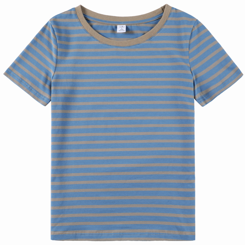366 Summer Striped Retro Top Korean-style All-match Loose Round Neck Short-sleeve Niche Design Colorful Contrast T-shirt