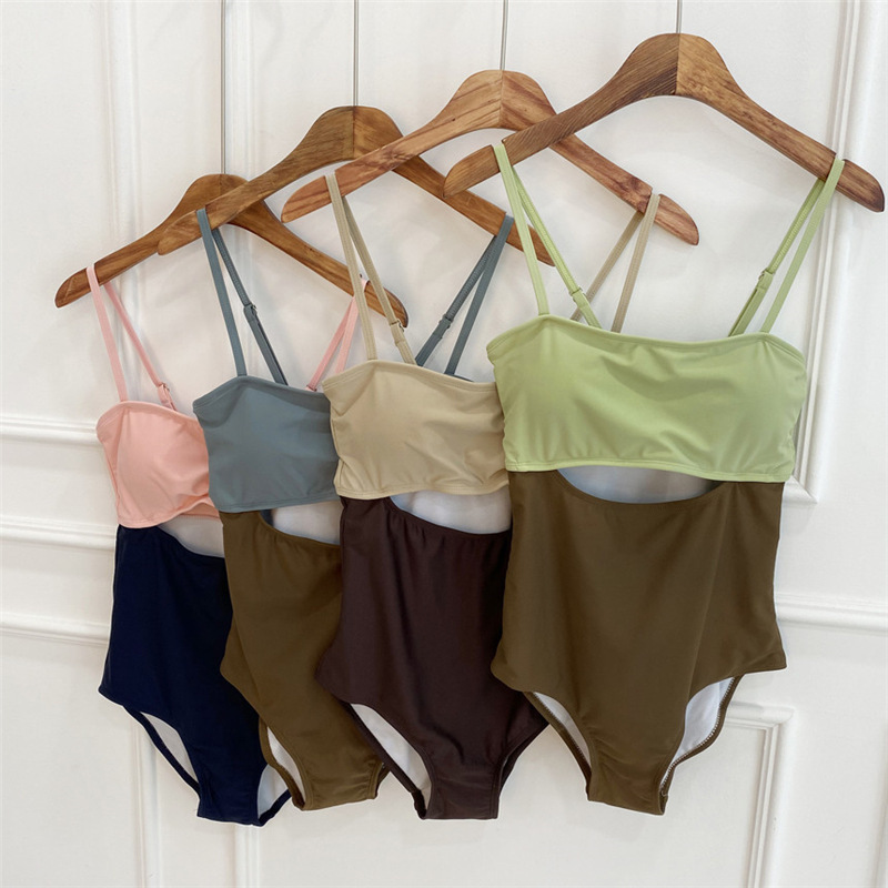 One-piece swimsuit women's Korean ins style contrasting color split two-piece set sexy slim hot spring swimsuit swimsuit