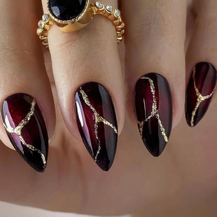 Sweet Cool White Almond Armor European and American Fashion Cool Elegant Girls ins Style False Nail Gold Powder Stone Pattern Dark Red Wear