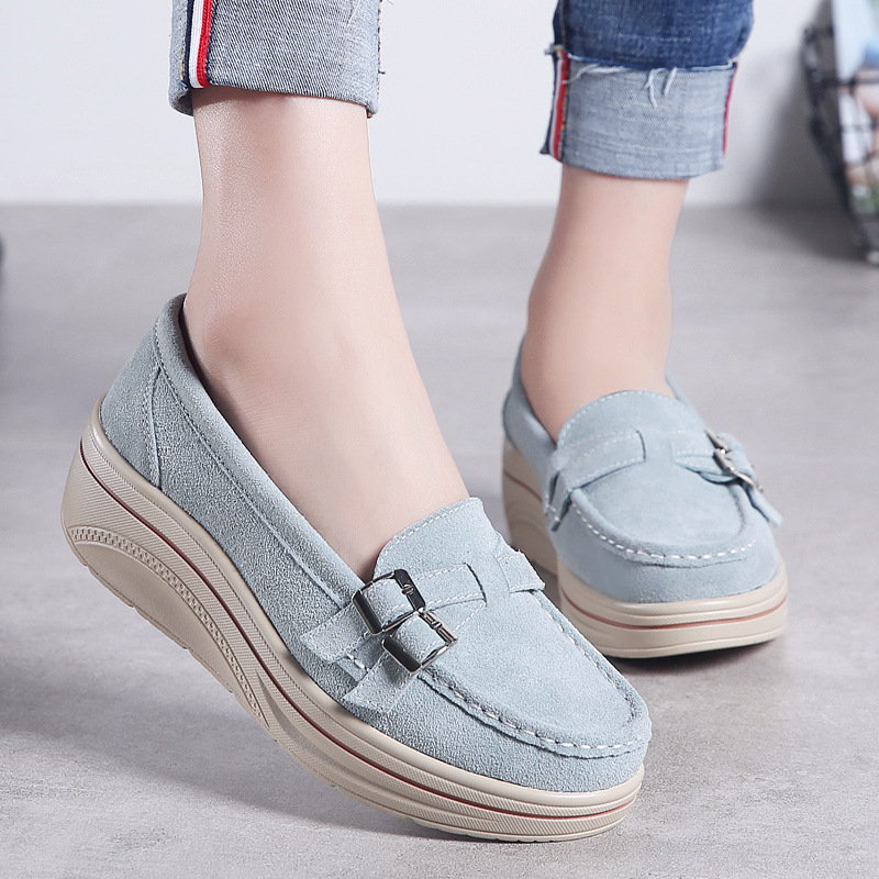 Spring and autumn thick-soled platform cake heel cowhide slip-on casual women's shoes frosted velvet leather mid-heel large-size women's shoes