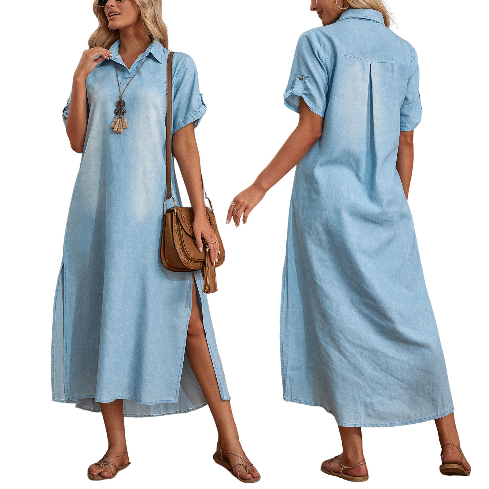 2023 Cross-border Foreign Trade Amazon Independent Station Loose Short-sleeved Light-colored Women's Denim Dress