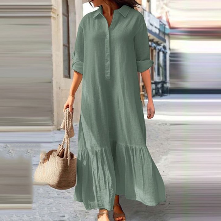 2023 foreign trade European and American new cotton and linen long irregular dress shirt collar twisted buckle casual dress