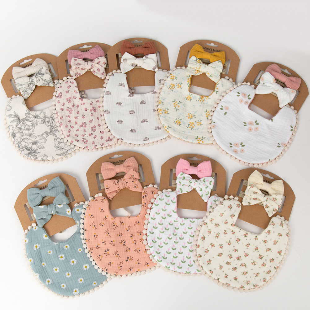 Cross-border new baby printed bib double-layer gauze baby cotton bib children bow headband suit