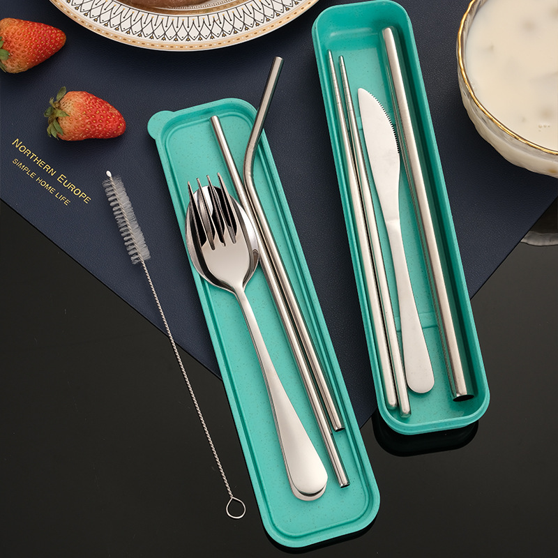 Amazon Portable Tableware 7 Piece Knife and Fork Spoon Chopsticks Set Straw Stainless Steel Tableware Chopsticks Set