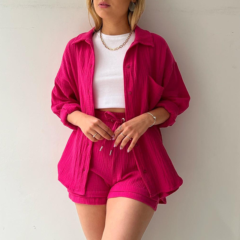 2023  European and American Women's Wrinkled Lapel Long Sleeve Shirt High Waist Drawstring Shorts Fashion Casual Two-Piece Set_voghion.com