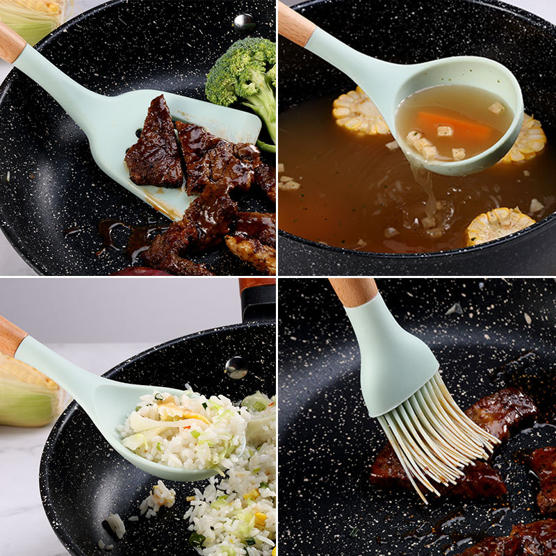 Color Wooden Handle Silicone Kitchenware 11 Piece Set Non-stick Cooking Spoon Shovel Storage Barrel Kitchen Utensils 12 Piece Set