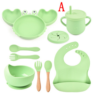 8 PCs Silicone Tableware Set Silicone Bowl Crab Dinner Plate Bib Baby Bowl Split Format Dinner Plate Silicone Spoon Fork Cup
