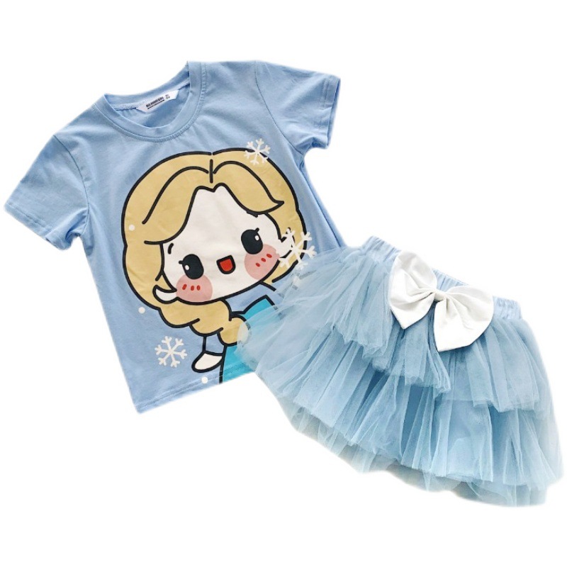 Girls' T-shirt suit Two-piece 2025 Summer Children's Baby Western Style Cartoon Short Sleeve Top Mesh Princess Dress