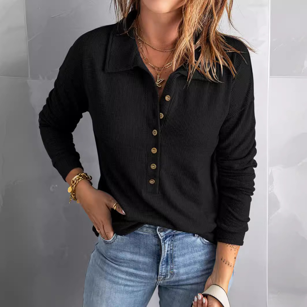 Amazon cross-border solid color sweater women's single-breasted lapel long sleeve loose casual bottoming top autumn and winter New