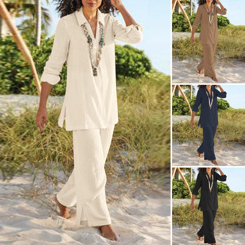 2023 cross-border foreign trade large size women's clothing solid color National style vintage pants set cotton and linen casual long sleeve loose cotton suit