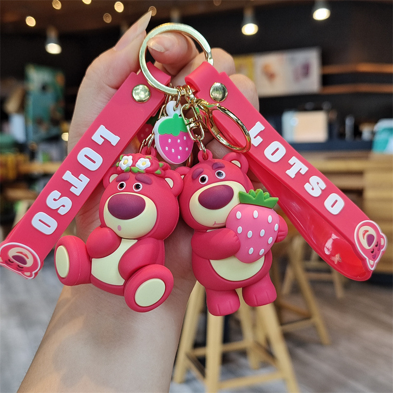 Strawberry bear cartoon silicone keychain bear doll pendant car key chain ornaments doll machine gift wholesale