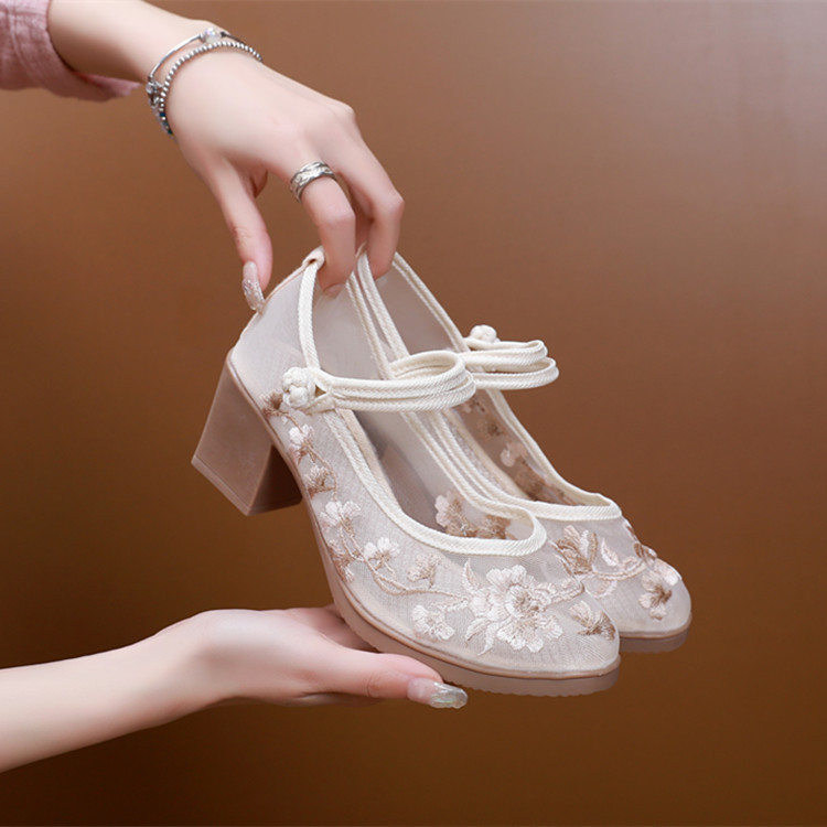 New Chinese Style Hanfu Shoes Mesh Shoes Vintage Cloth Shoes Thick Sole High Heel Women's Shoes Vintage Cloth Shoes Wedge Heel Shoes