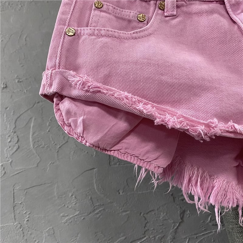 2024 New Women's Clothing Korean Style Distinctive Low Waist Pink Denim Shorts Distinctive Pocket Wide Leg Hot Pants A- line Pants