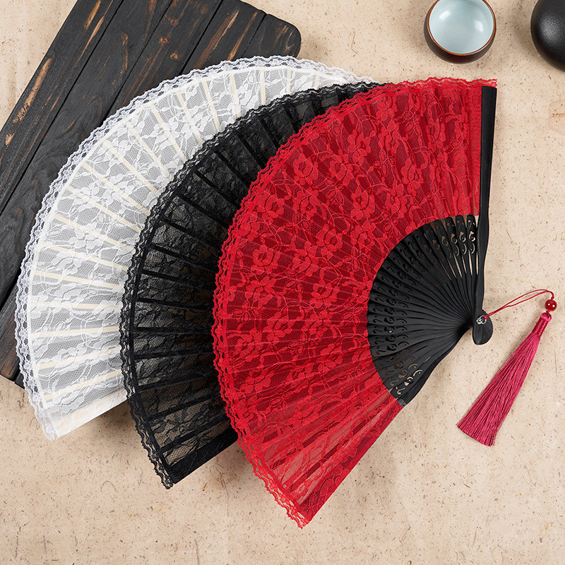 Bamboo crafts lace folding fan wholesale ancient costume Hanfu cheongsam women's dance fan bamboo fan classical National style