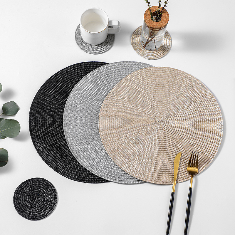 Nordic style round hollow pp woven placemat coaster hotel dining table insulation mat solid color Western placemat wholesale