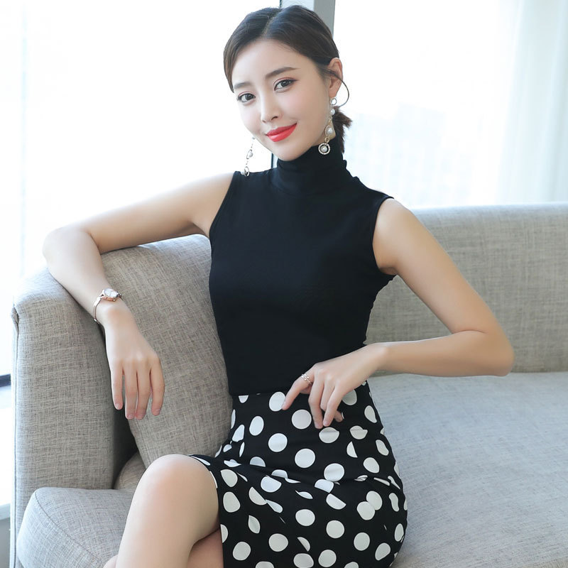 2023 Spring and Summer New Black High Collar Exterior Wear Sleeveless Vest Women's Inner Base Shirt Tight Top with Slip Sleeve T-shirt