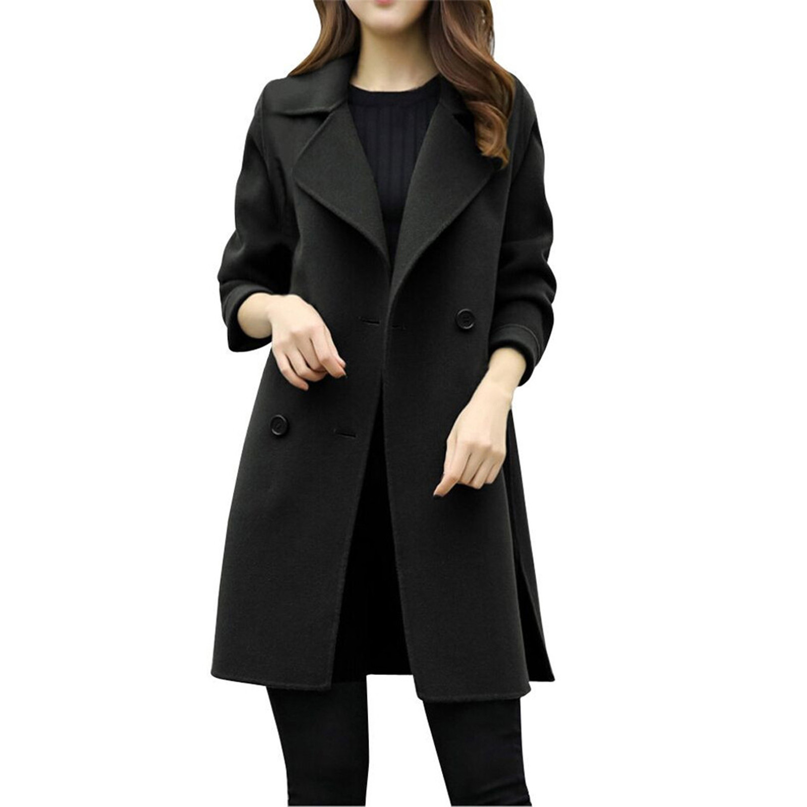 Woolen coat mid-length double-breasted long sleeve solid color woolen coat for women_voghion.com
