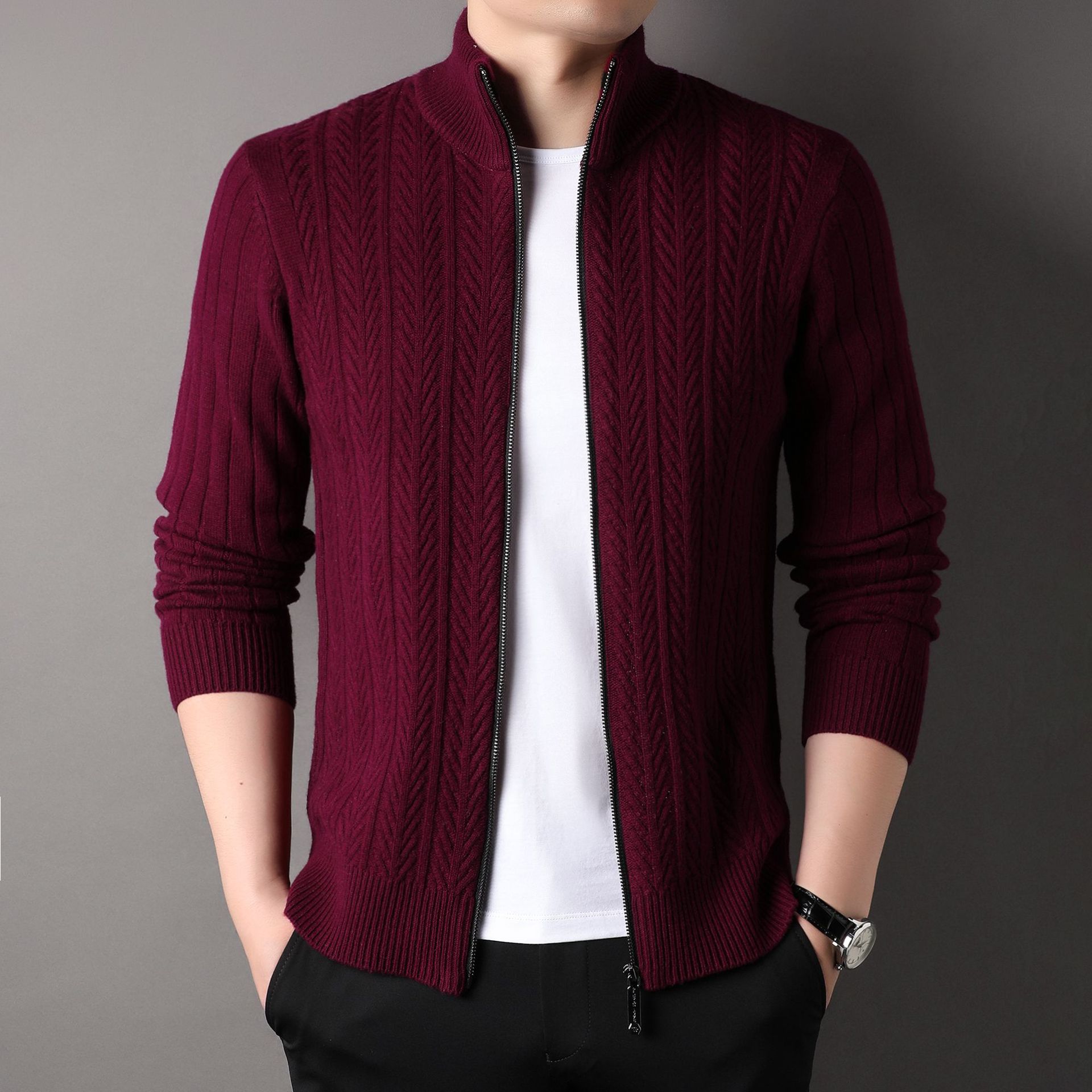 2023 autumn and winter New pure woolen sweater zipper cardigan coat thickened warm solid color knitted sweater men's coat