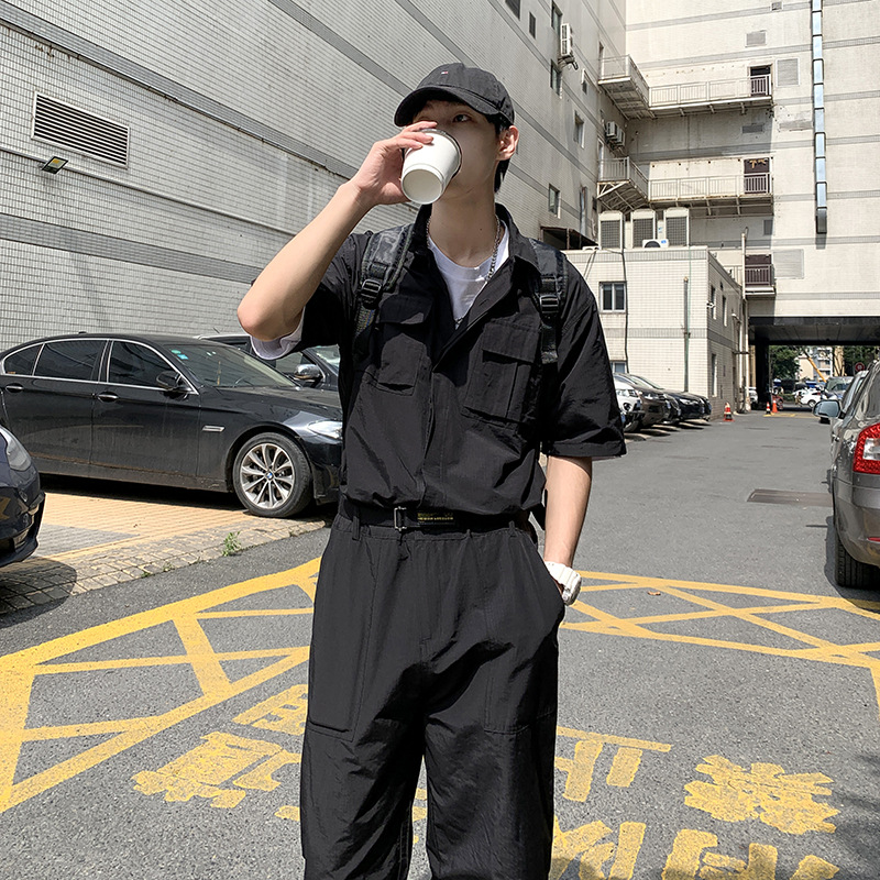 港風復古工裝連體褲套裝男潮牌男士寬鬆短袖連體衣潮流一體服