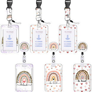 Black Drop Adhesive Patch Rainbow Easy Pull Buckle Easy Pull Leopard Sequins Rainbow Printed Polyester Lanyard PVC Card Holder