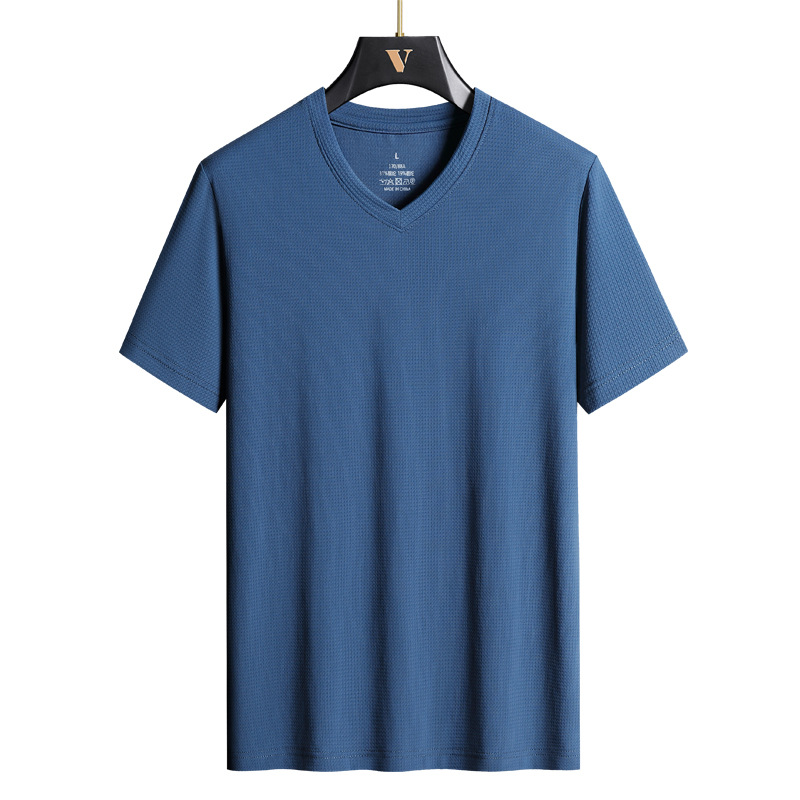 Men's V-neck Ice Silk short-sleeved T-shirt plus size large fat summer thin loose sports chicken collar half-sleeved shirt