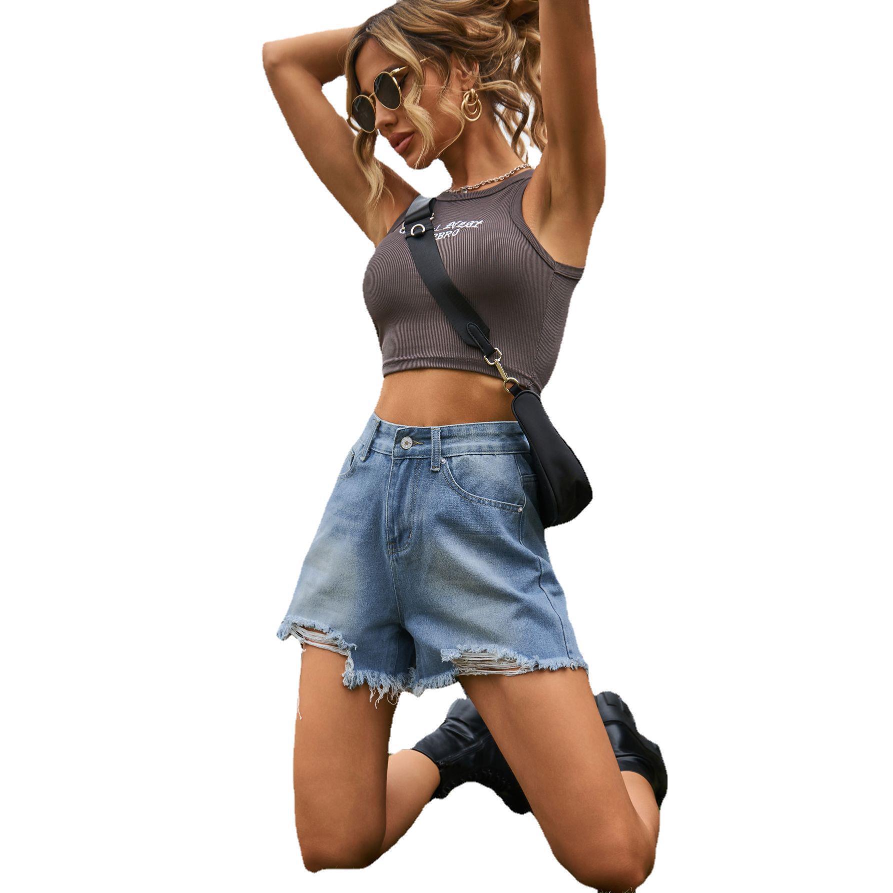 European and American Women's Cross-border Trade Amazon New Slim Look Hole All-match Slim Look Denim wish Casual Shorts Women