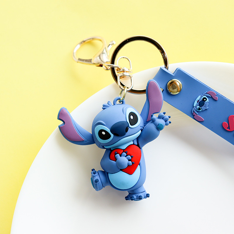 Disney Cartoon Three-eyed Strawberry Bear Stitch Keychain Gift Hanging Cute Doll Keychain Pendant