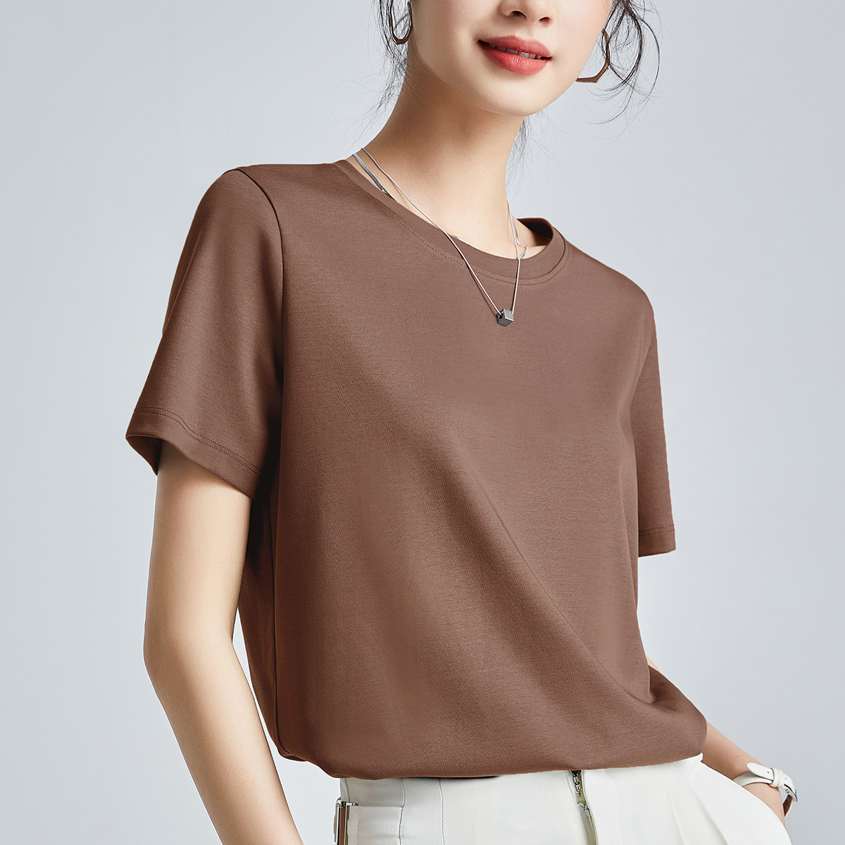 80 Double-sided mercerized cotton Slim-fit Simple White Short-sleeved T-shirt Women's Summer 2025 New Round Neck Base Shirt
