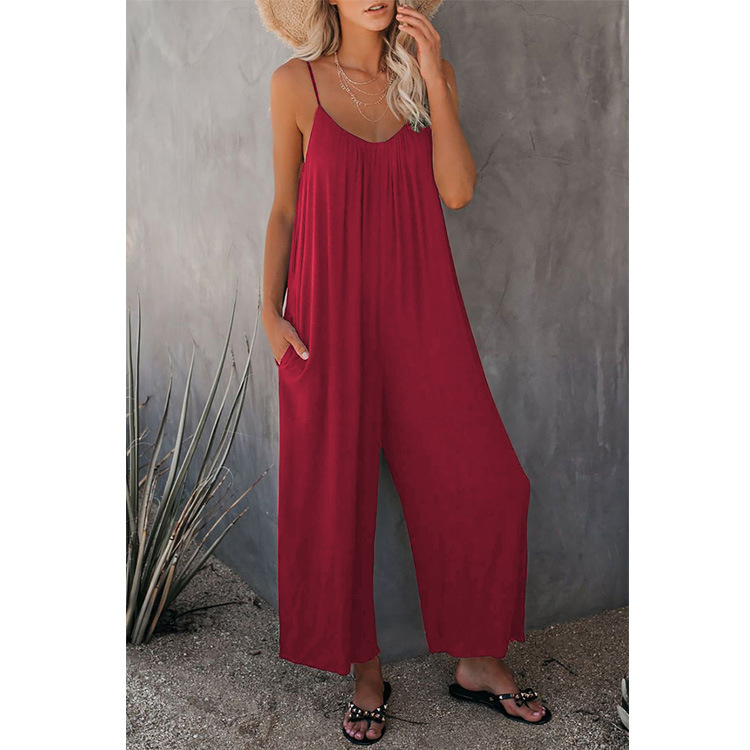 Amazon European and American Strap Jumpsuit Women's 2023 Summer New Cross-border Solid Color Pocket Casual Jumpsuit