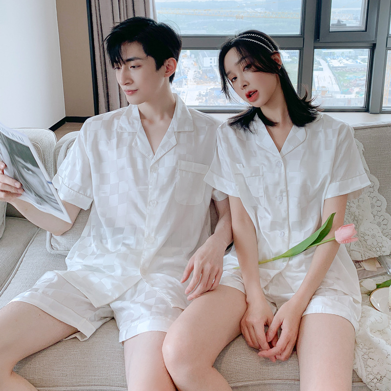 Spring and Summer Square Couple Pajamas Women's Ice Silk Short-sleeved Shorts Summer Silk Men's suit Spring and Autumn Home Clothes