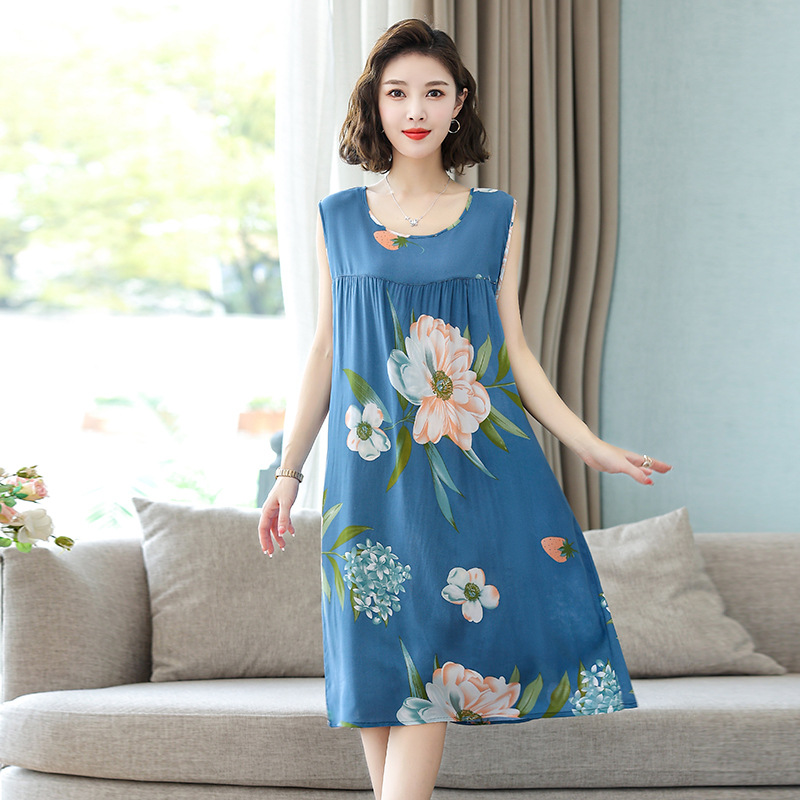 Summer Middle-aged and Elderly People's Cotton Silk Nightdress Pajamas Women's Cotton Silk Dress Summer Adult Large Size Mother's Home Clothes