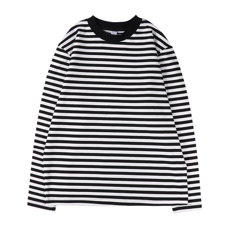 Heavy Striped Long Sleeve T-Shirt Round Neck Japanese Style Loose Fashionable Student Men and Women Couple Color Contrast Base Shirt Top Fashionable