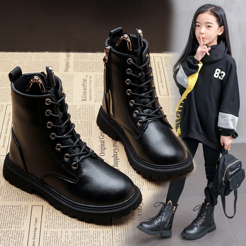 Girls' Short Boots Winter 2023 New Korean-style British-style High-top Children's Martins Fleece-lined Little Girl's Single Boots