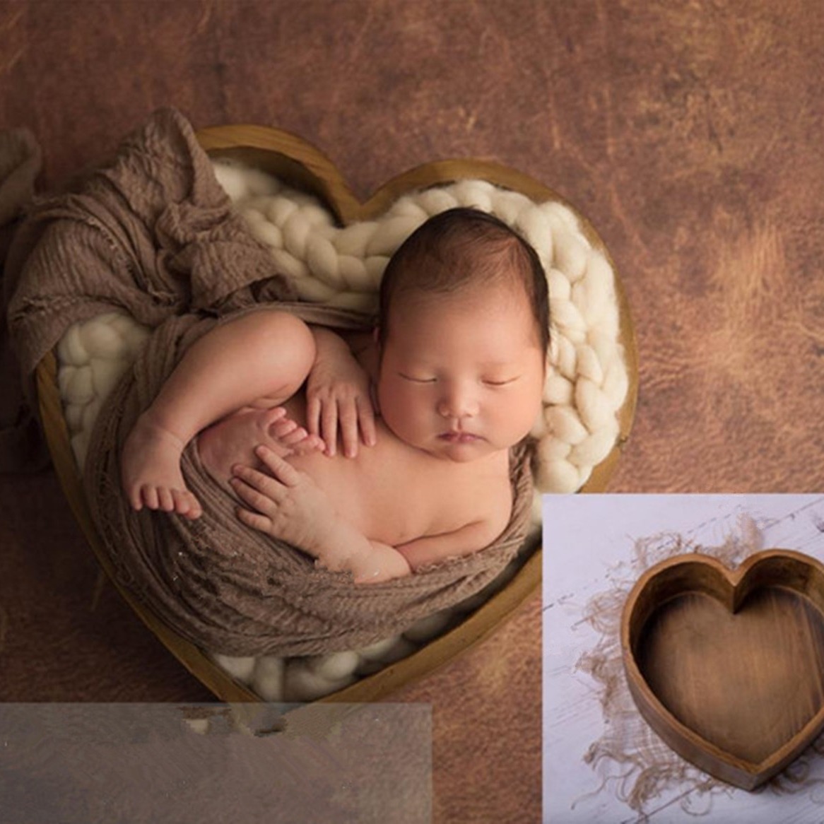 Children's Photography Props Love Wooden Basin Simple Style Wooden Heart-Shaped Box Newborn Simple Props Heart-Shaped Basket