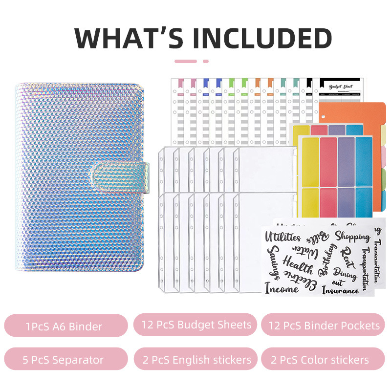 Cross-border foreign trade supply A6 laser colorful loose-leaf book cash budget system with transparent zipper bag Color Label