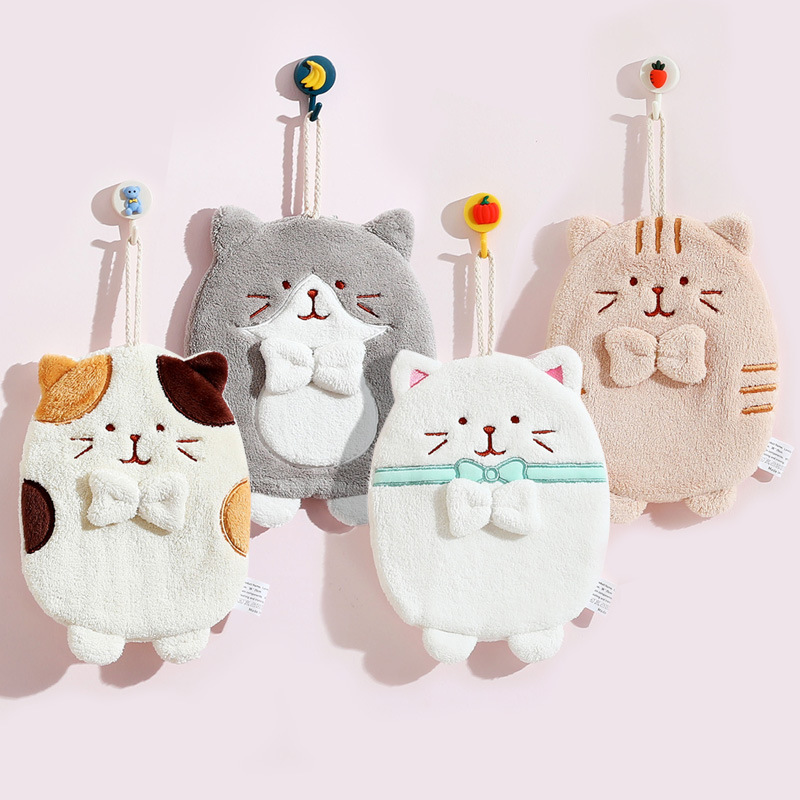 Hangable Cute Cat Absorbent Hairless Household Kitchen Towel Quick-Drying Hand Towel for Kids