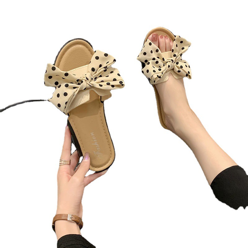 2024 Summer new bow slippers outer wear Korean flower beach shoes sandals women's net red ins flat shoes