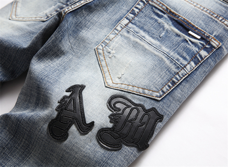 AM Foreign Trade Style Punk Vintage Blue Ripped Slim-fit Stretch Printed and Dyed Skinny Men's Jeans