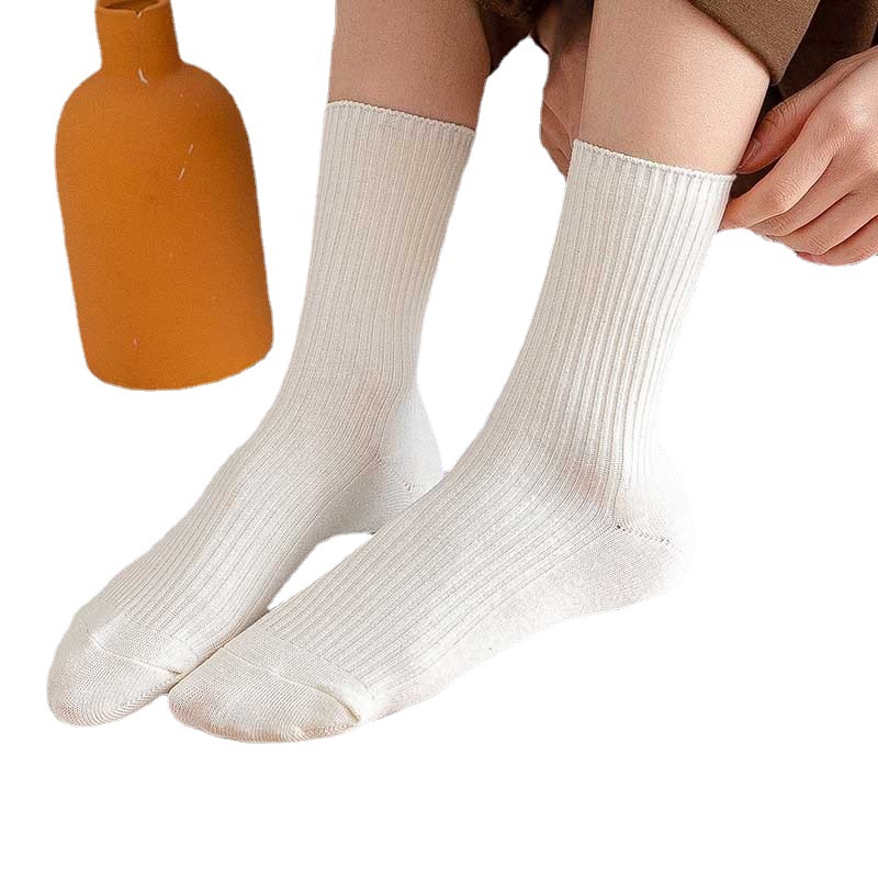 Autumn and Winter New Double Needle Stacking Socks Women's Middle Stockings Solid Color Cotton Socks JK Japanese Style White Socks Ins Trendy All-Match
