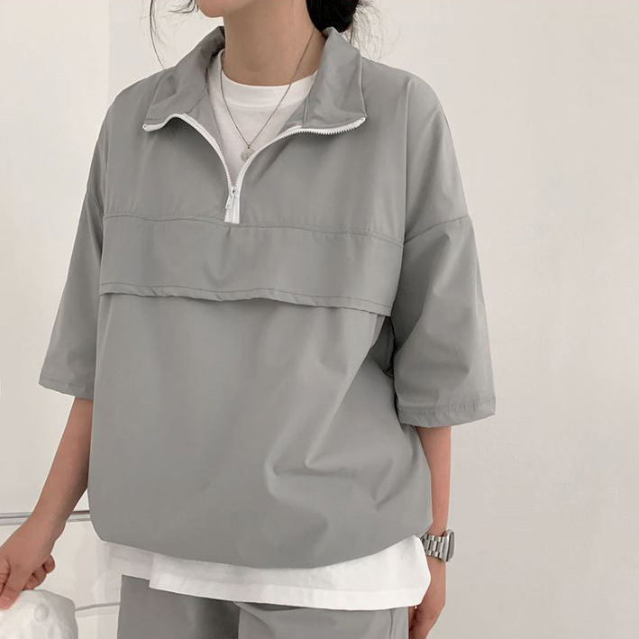 Suit women's turtleneck zipper short-sleeved shorts two-piece Korean-style summer fashion casual sportswear loose couple