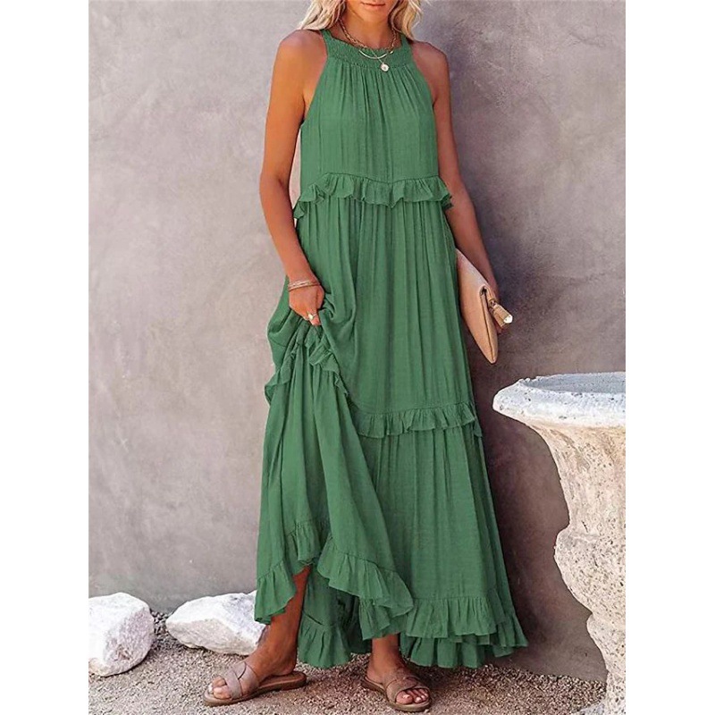 European and American 2023 Summer new holiday style ruffled long dress Amazon large swing elegant dress women