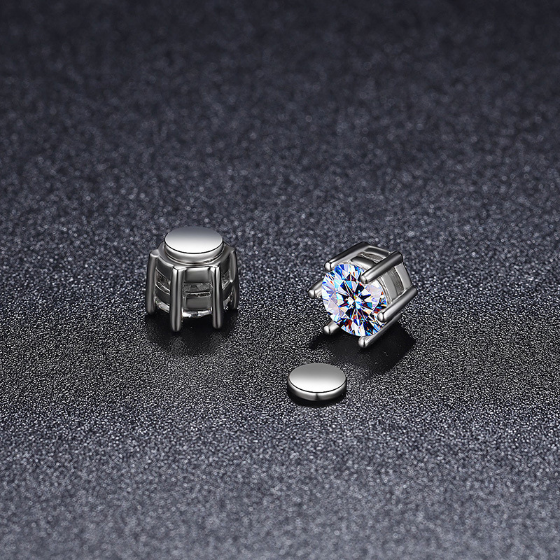 A one-carat D-color VVS1 moissanite solitaire ear pendant with six-claw magnetic earrings, elegant and stylish earrings for both men and women, single diamond earrings.