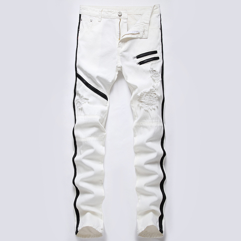 European and American new jeans men's cross-border stretch plus size trousers Amazon hot selling white zipper jeans fashion