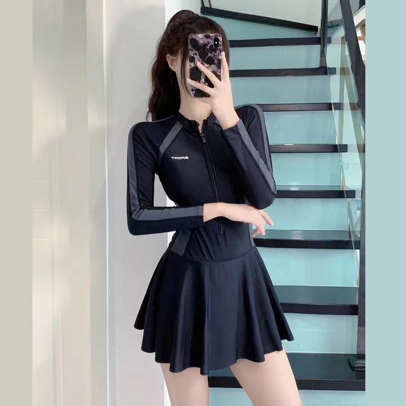 2025 Summer New Women's Skirt Style one-piece Fresh Style Women's Swimwear Conservative Slimming Long-sleeved Women's Swimwear