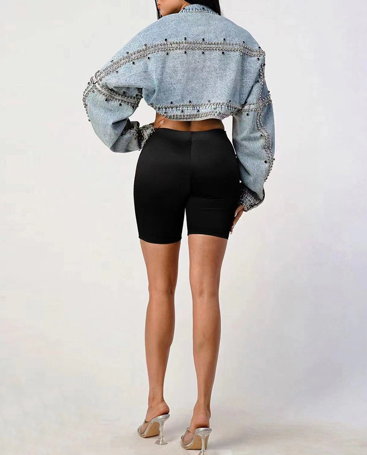 Shawl Denim Jacket Women's 2023 Spring New Short Jacket Loose Long Sleeve Heavy Industry Stripped Nail Thin Denim Top