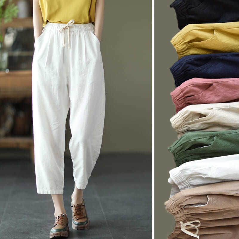 Artistic Thin Linen Harem Pants Cropped Carrot Pants Women's 2023 Fashion New Large Size Loose Casual Pants Trendy