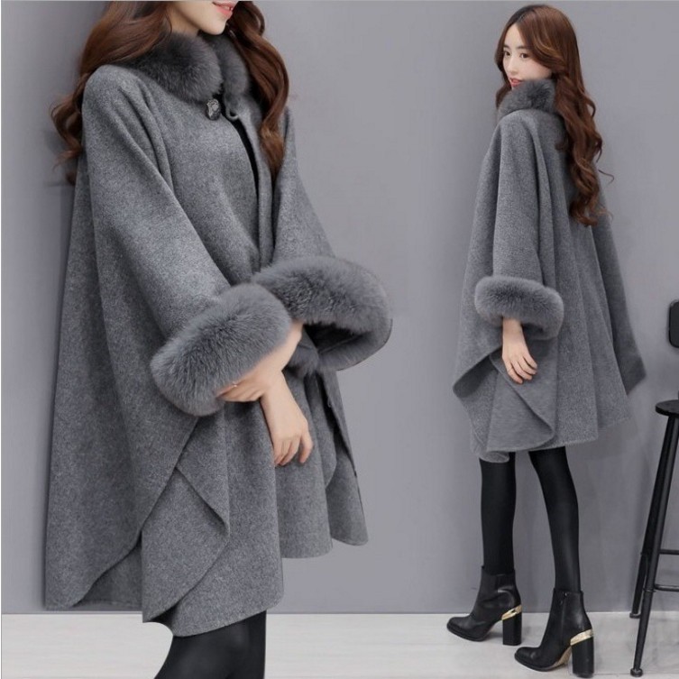 Autumn and Winter large rabbit fur collar mid-length woolen overcoat elegant Cape shawl Hepburn style woolen plus size overcoat for women_voghion.com