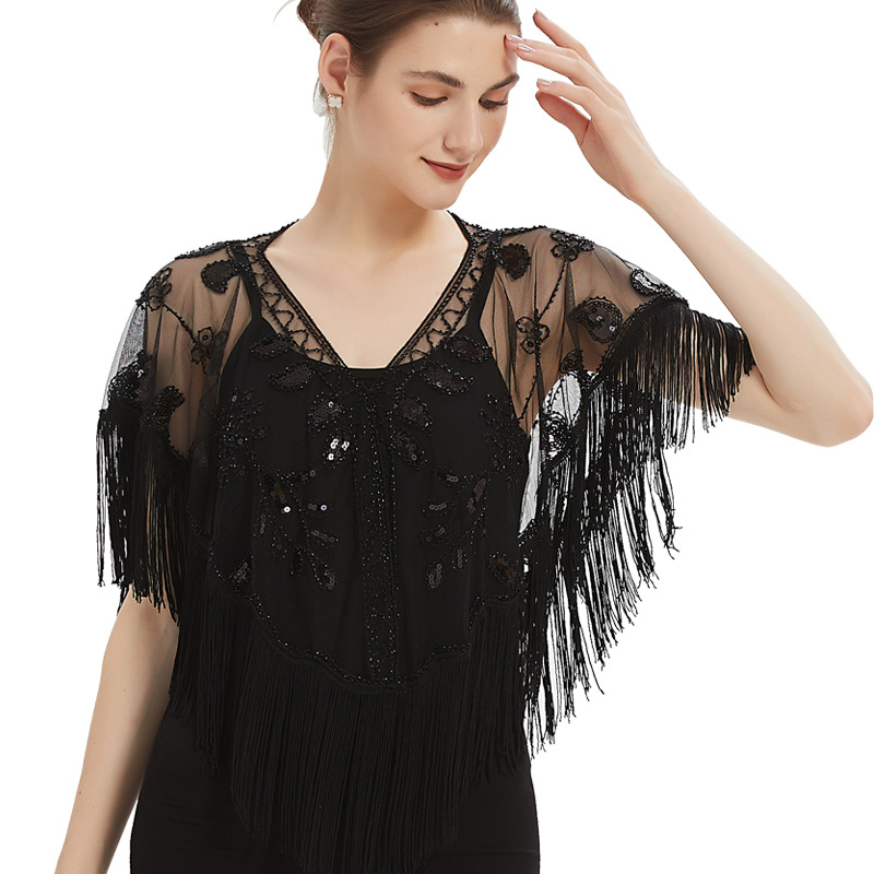 Amazon Foreign Trade Embroidered Beaded Mesh Tassel Shawl Dress Dress Fashion Outer Short Small Blouse Cloak