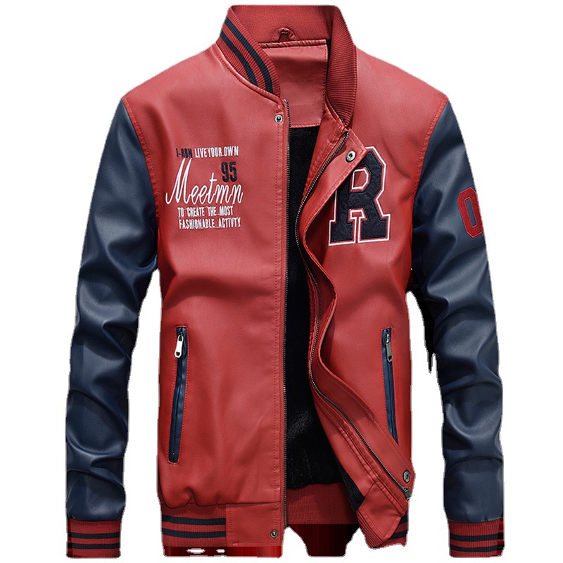 2023 Spring and Autumn New Youth Baseball Suit Fleece PU Leather Men's Motorcycle Jacket Coat Tough Guy Leather Coat