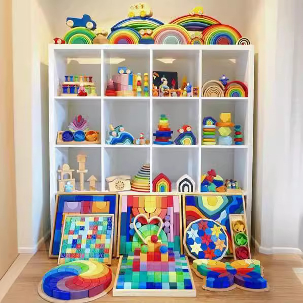 Wooden children's rainbow building blocks toys baby color cognition early childhood education stacking height 3-10 years old toys